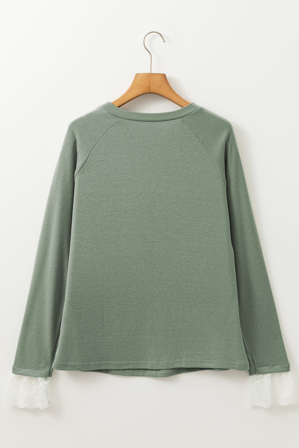 Grass Green Seam Detail Lace Contrast Cuffs Raglan Sleeve Top - Image 7