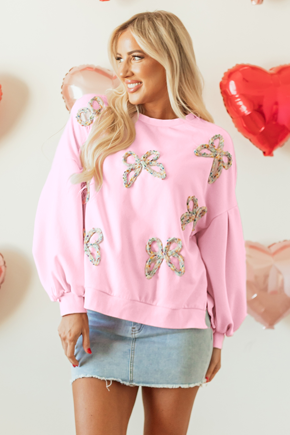 Light Pink Embroidered Bow Lantern Sleeve Oversized Pullover Sweatshirt - Image 8