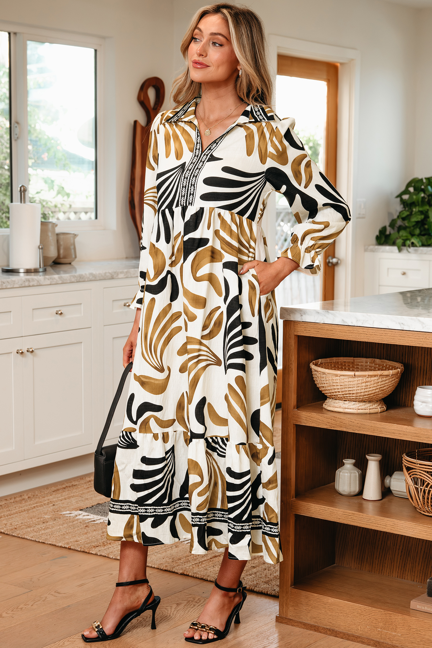 Brown Tropical Printed Contrast Trim Neck Long Sleeve Ruffle Hem Dress - Image 3