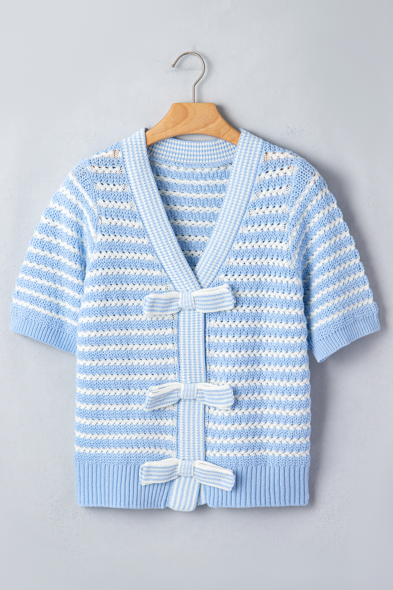 Sky Blue Stripe Short Sleeve Knit V Neck Bow Knot Sweater - Image 5