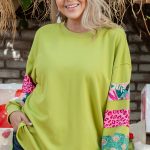 Green Plus Size Printed Patchwork Sleeve Split Sweatshirt