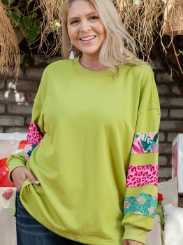 Green Plus Size Printed Patchwork Sleeve Split Sweatshirt
