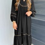 Black Contrast Leopard Trim Split Neck Long Sleeve Casual Midi Dress