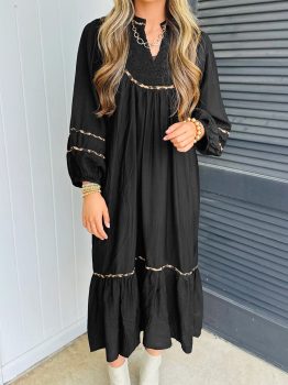 Black Contrast Leopard Trim Split Neck Long Sleeve Casual Midi Dress