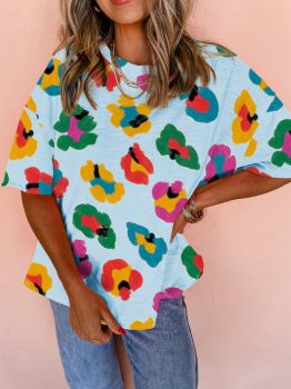 Sky Blue Leopard Drop Shoulder Oversize Tee