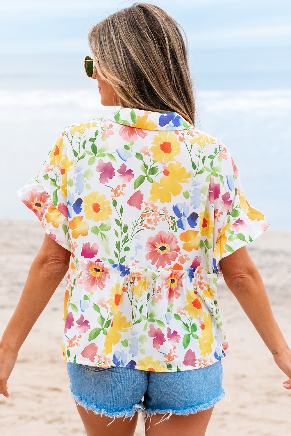 Yellow Floral Boxy Fit Ruffled Short Sleeve V Neck Blouse - Image 2