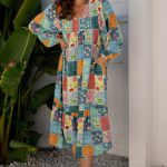 Sky Blue Mix Floral Checkered Pattern Bubble Sleeve Ruffle Hem Dress