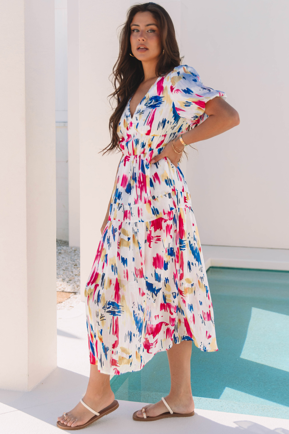 Rose Abstract Print Short Puff Sleeve Tiered Maxi Dress - Image 3