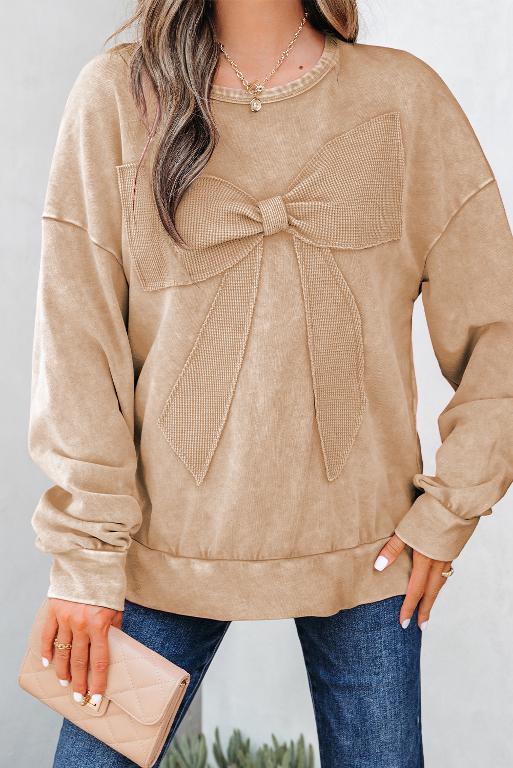 Light French Beige Mineral Wash Big Bow Patchwork Pullover Sweatshirt - Image 6