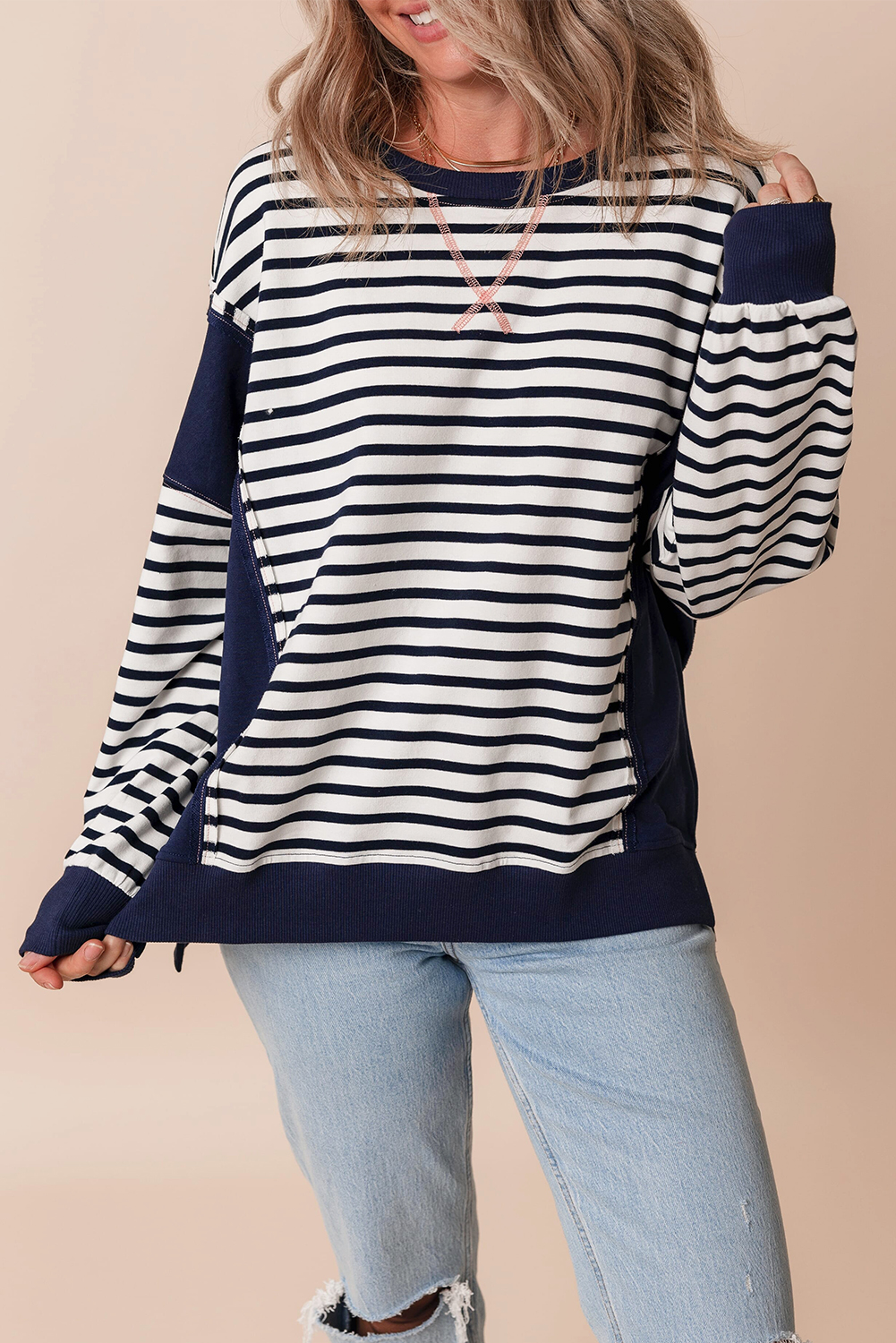 White Stripe Color Block Exposed Seam Loose Fit Sweatshirt - Image 6
