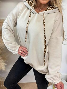 Jet Stream Leopard Contrast Drawstring Hood Drop Shoulder Loose Top