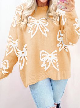 Golden Fleece Bow Pattern Drop Shoulder Loose Sweater