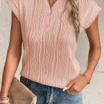 Pink Wavy Textured Button V Neck Tee