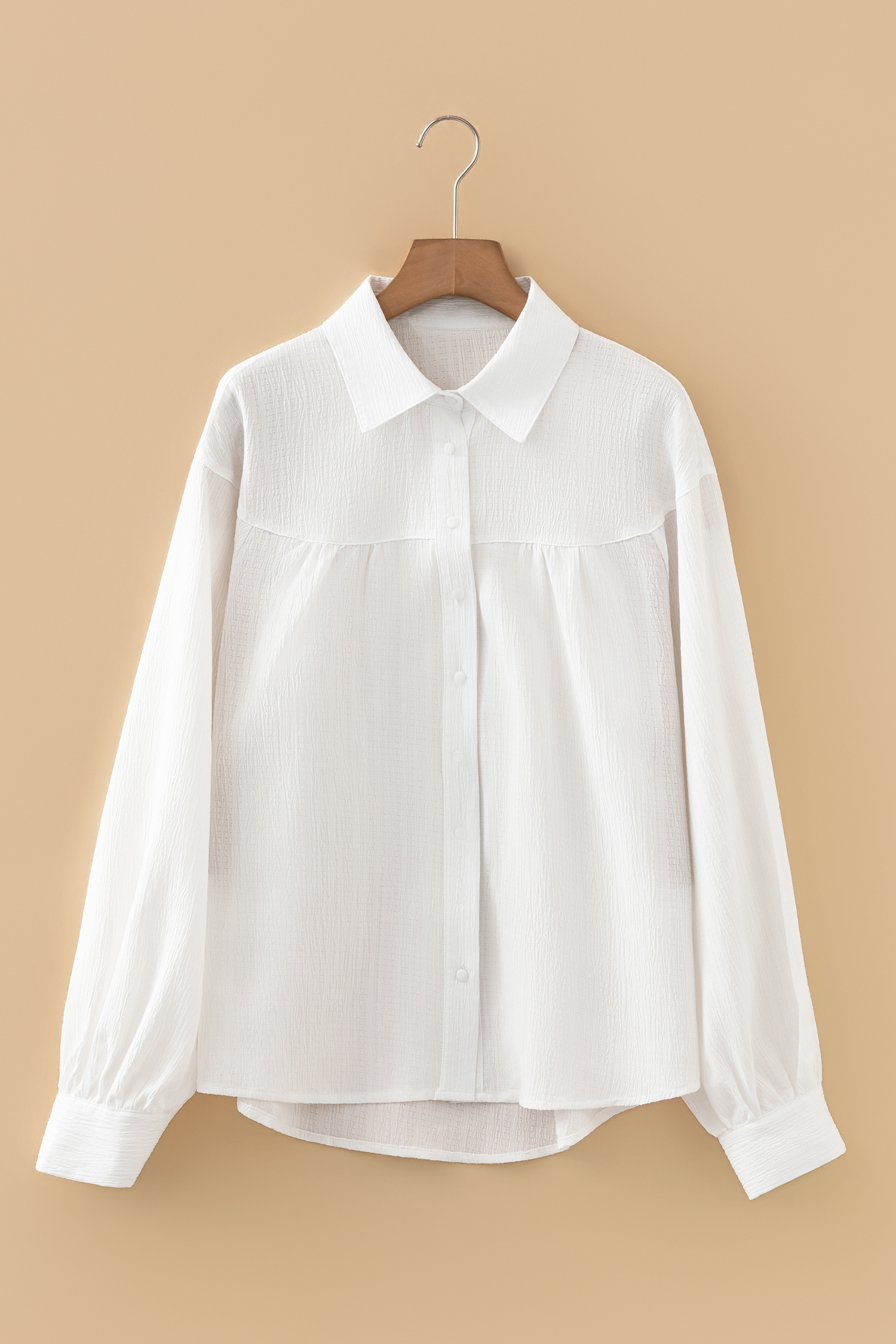 White Crinkled Texture Lantern Sleeve Button Down Loose Shirt - Image 5