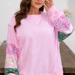 Pink Plus Size Mix Floral Patched Sleeve Ribbed Trim Baggy Sweatshirt