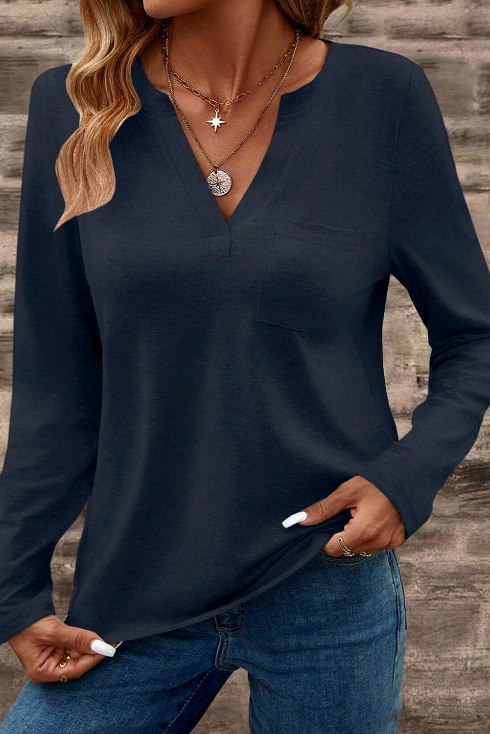 Dirty blue Notch V Neck Pocket Patched Long Sleeve T Shirt - Image 6