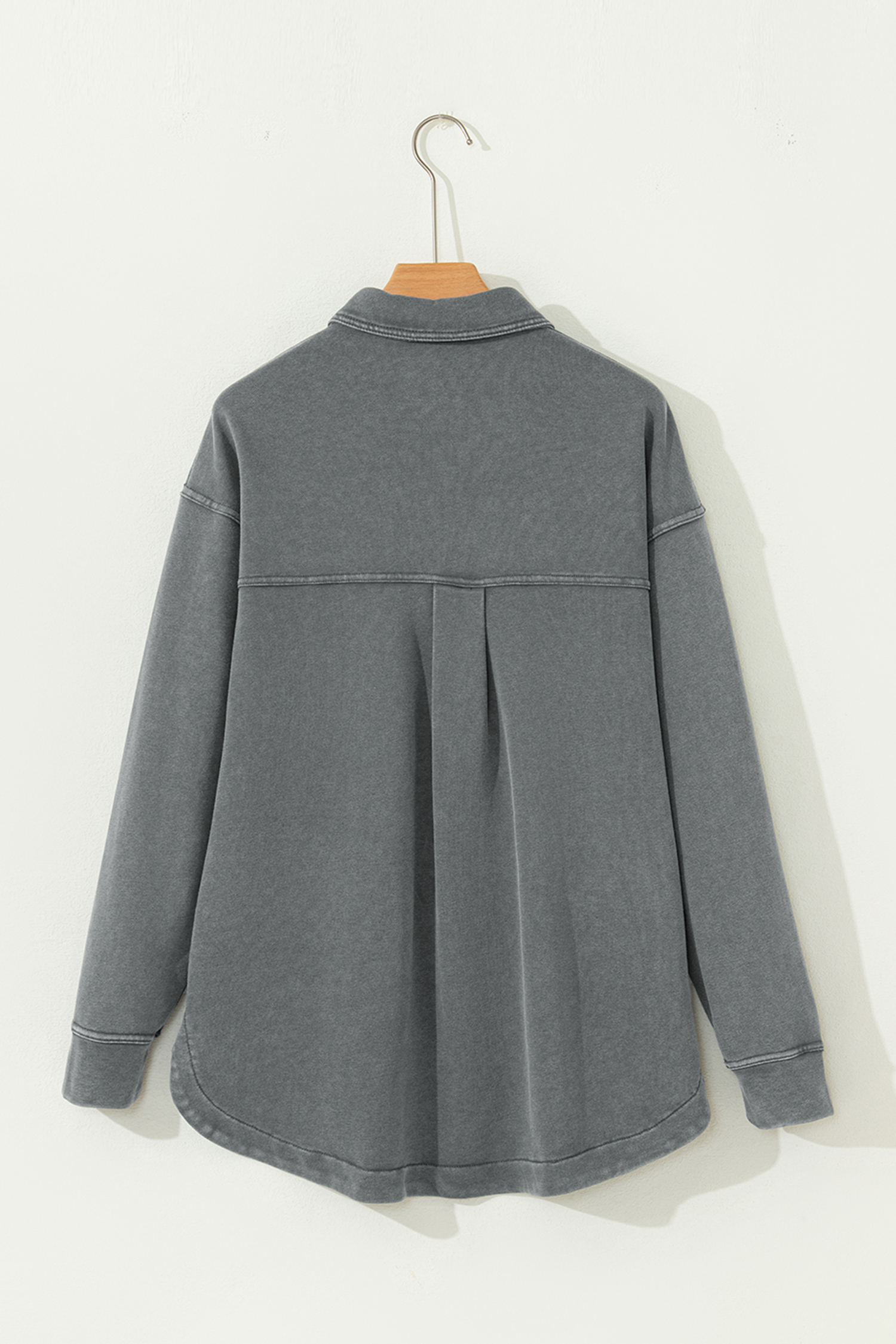 Medium Grey Mineral Wash Chest Pockets Drop Shoulder Shacket with Side Slit - Image 7