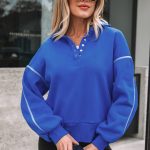 Sky Blue Button up Collared Exposed Seam Chic Sweatshirt