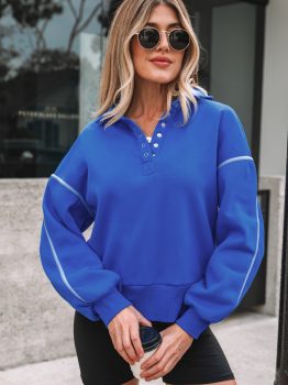 Sky Blue Button up Collared Exposed Seam Chic Sweatshirt