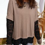 Light French Beige Sheer Lace Patchwork Casual Long Sleeve Tee