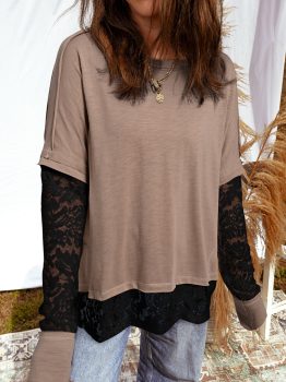 Light French Beige Sheer Lace Patchwork Casual Long Sleeve Tee