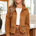 Thai Curry Solid Color Faux Suede Hollowed Detail Retro Style Jacket