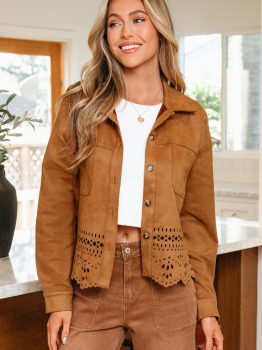 Thai Curry Solid Color Faux Suede Hollowed Detail Retro Style Jacket