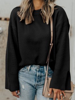 Black Solid Textured Knit Split Cuff Drop Shoulder Loose Sweater