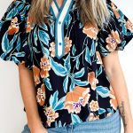 Black Floral Short Bubble Sleeve Buttoned Notched Neck Blouse