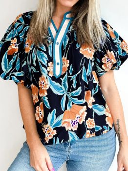 Black Floral Short Bubble Sleeve Buttoned Notched Neck Blouse