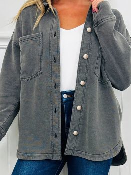 Medium Grey Mineral Wash Chest Pockets Drop Shoulder Shacket with Side Slit