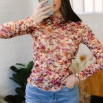 Red Lettuce Trim Floral Print Mesh Long Sleeve Top