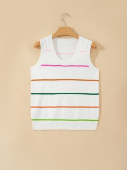 White Stripe Round Neck Knitted Sweater Tank