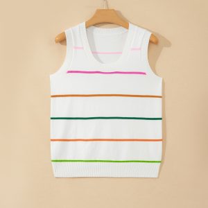 White Stripe Round Neck Knitted Sweater Tank