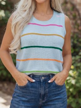 Sky Blue Stripe Round Neck Knitted Sweater Tank