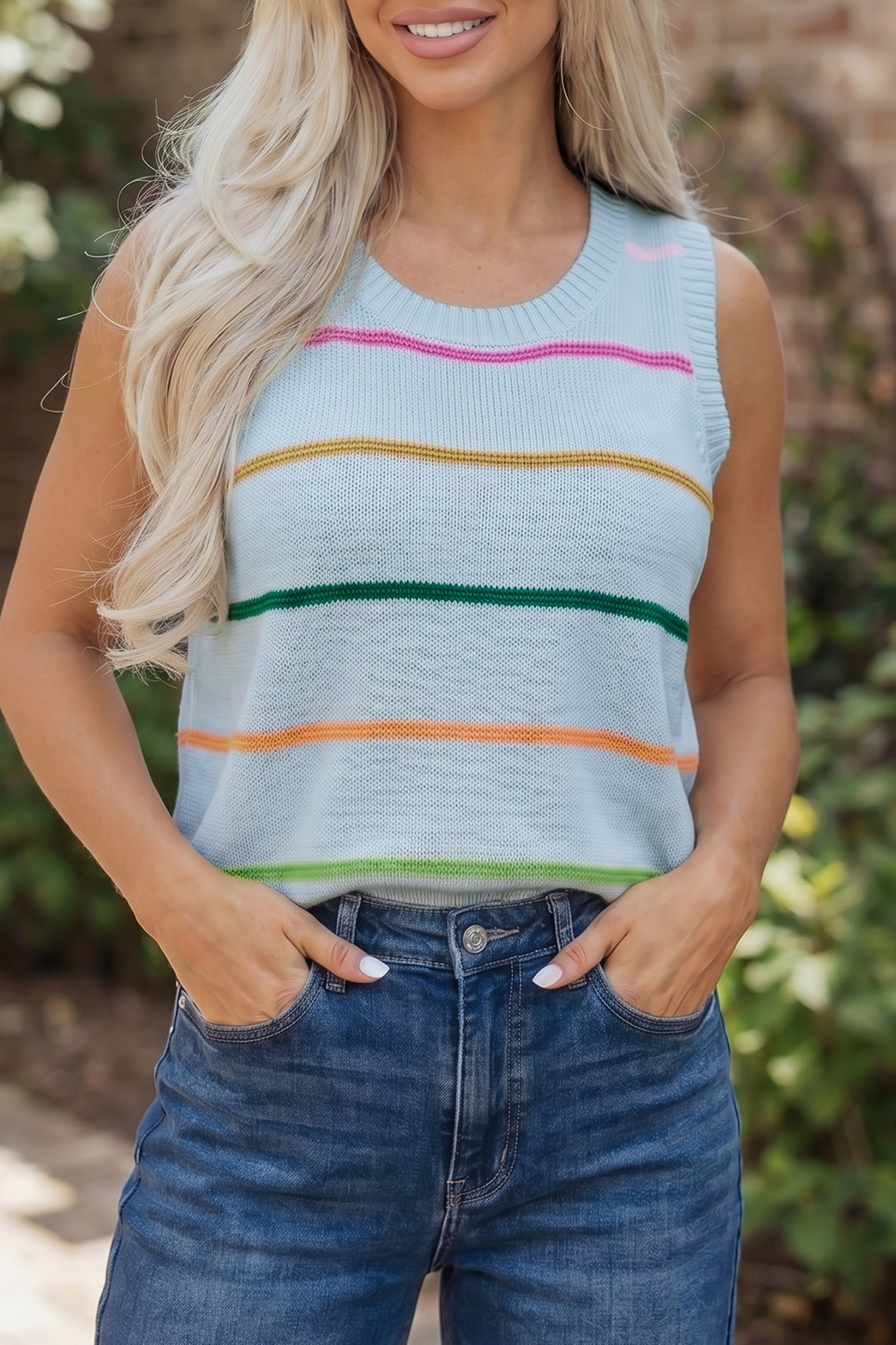 Sky Blue Stripe Round Neck Knitted Sweater Tank - Image 3